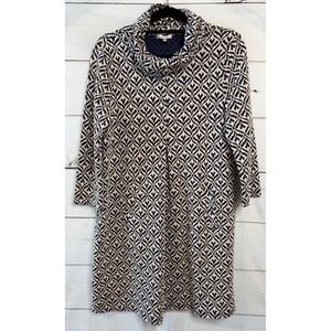 Tyler Boe Navy Cream Geometric Heart Cowl Neck 3/4 Sleeve Tunic Dress Womens M